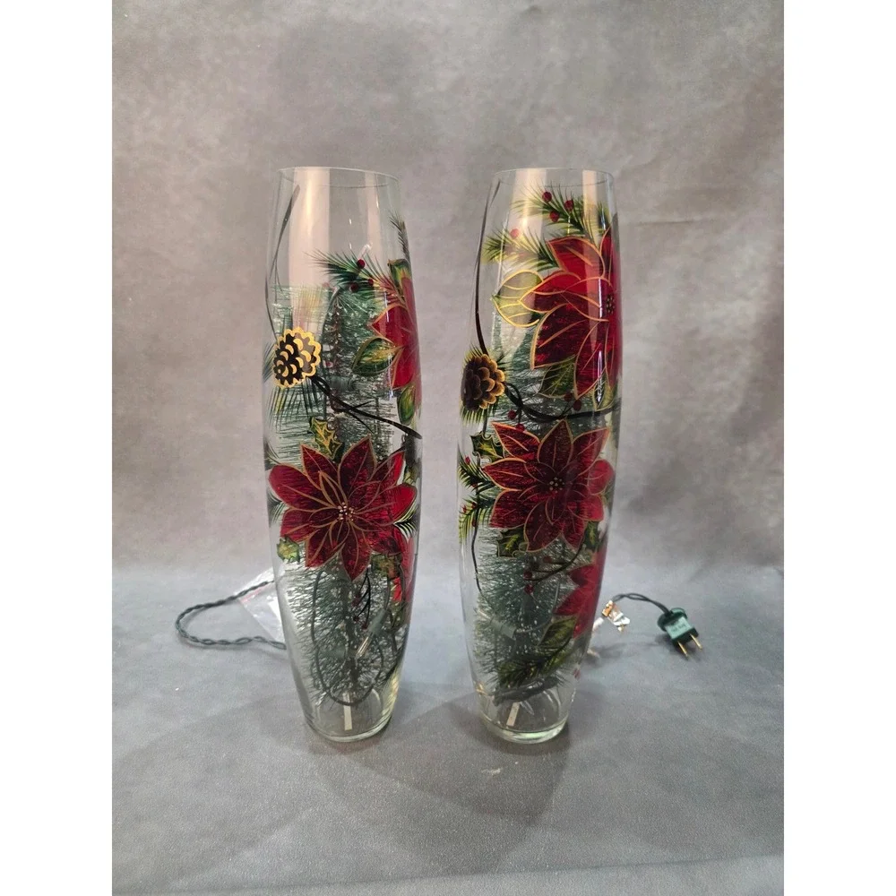 Set of 2 Christmas Poinsettia Lighted Glass Vases Holiday Decor 16 Inch Tall